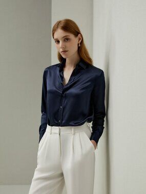 Lilysilk Tailored Silk Shirt in Navy Size 8 NWT